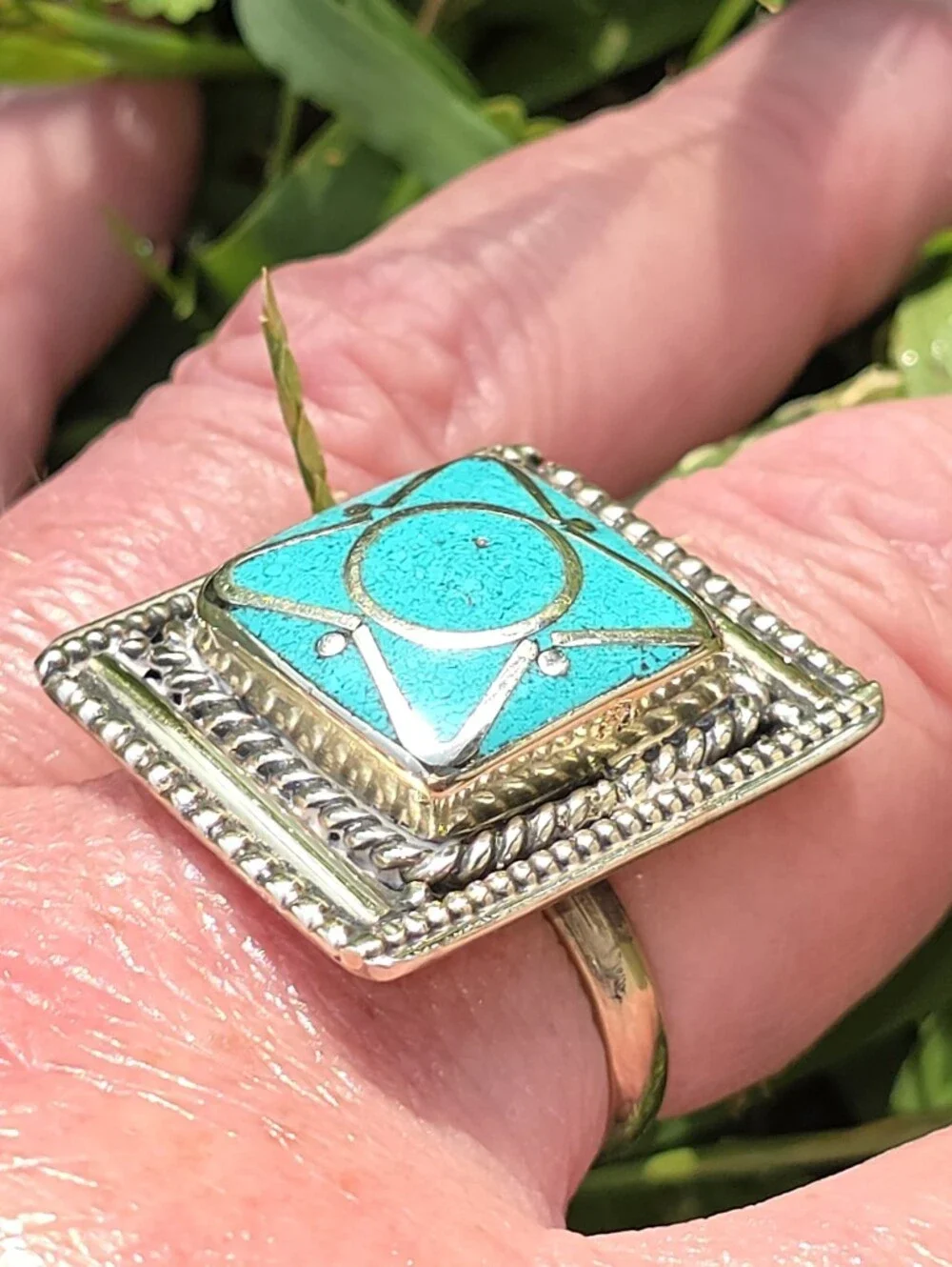 Tibetan Turquoise Square-Shaped Gemstone Ring (Adjustable)